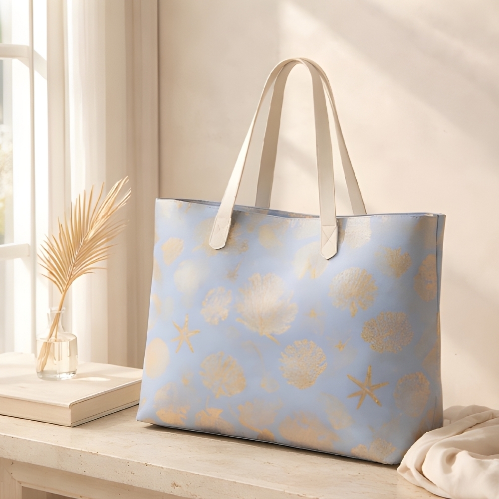 NWOT Styline Large Tote Snap Closure Periwinkle With Gold Coral Print Beachy